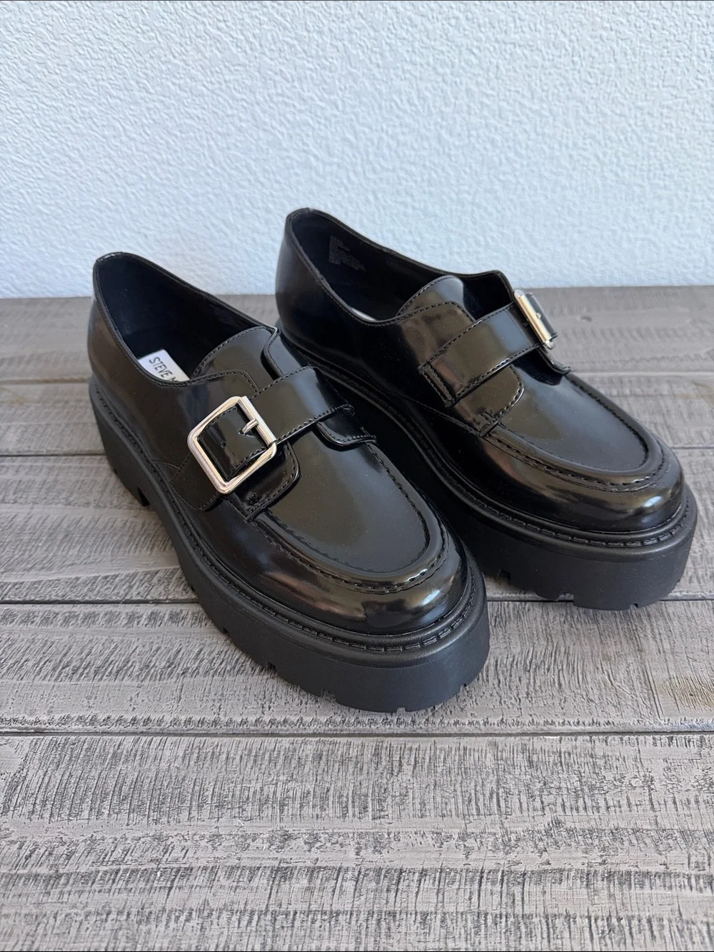Steve Madden Osta Platform Monk-Strap Loafers in Black Box NIB